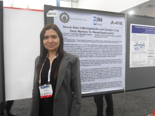Woman standing in front of poster in expo hall