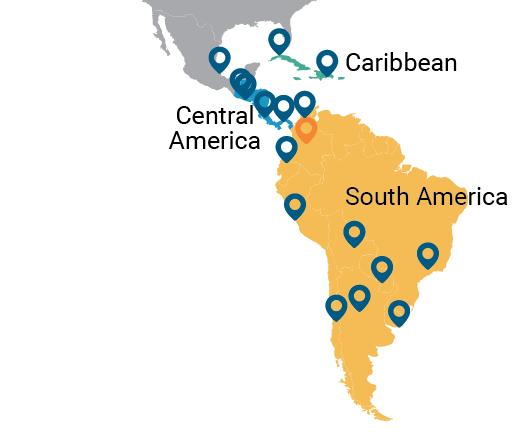 A map of Central America and Latin America with markers indicating where ADLM has conducted Latin America Working Group workshops