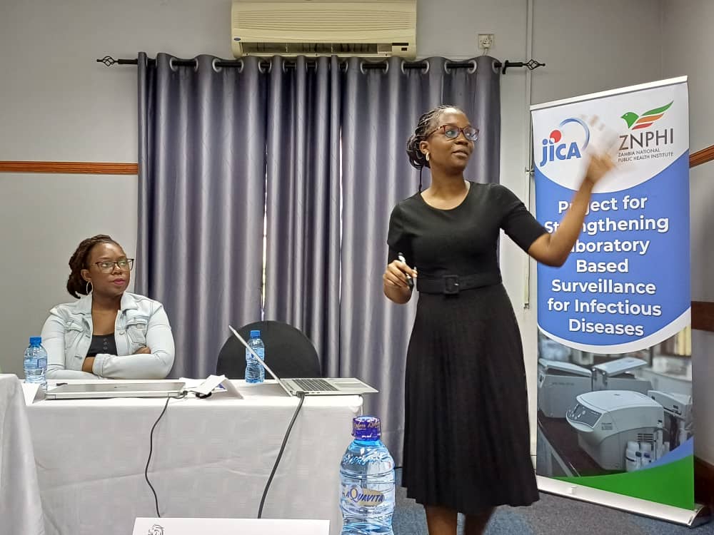 A laboratory medicine professional presents at a workshop in Zambia.