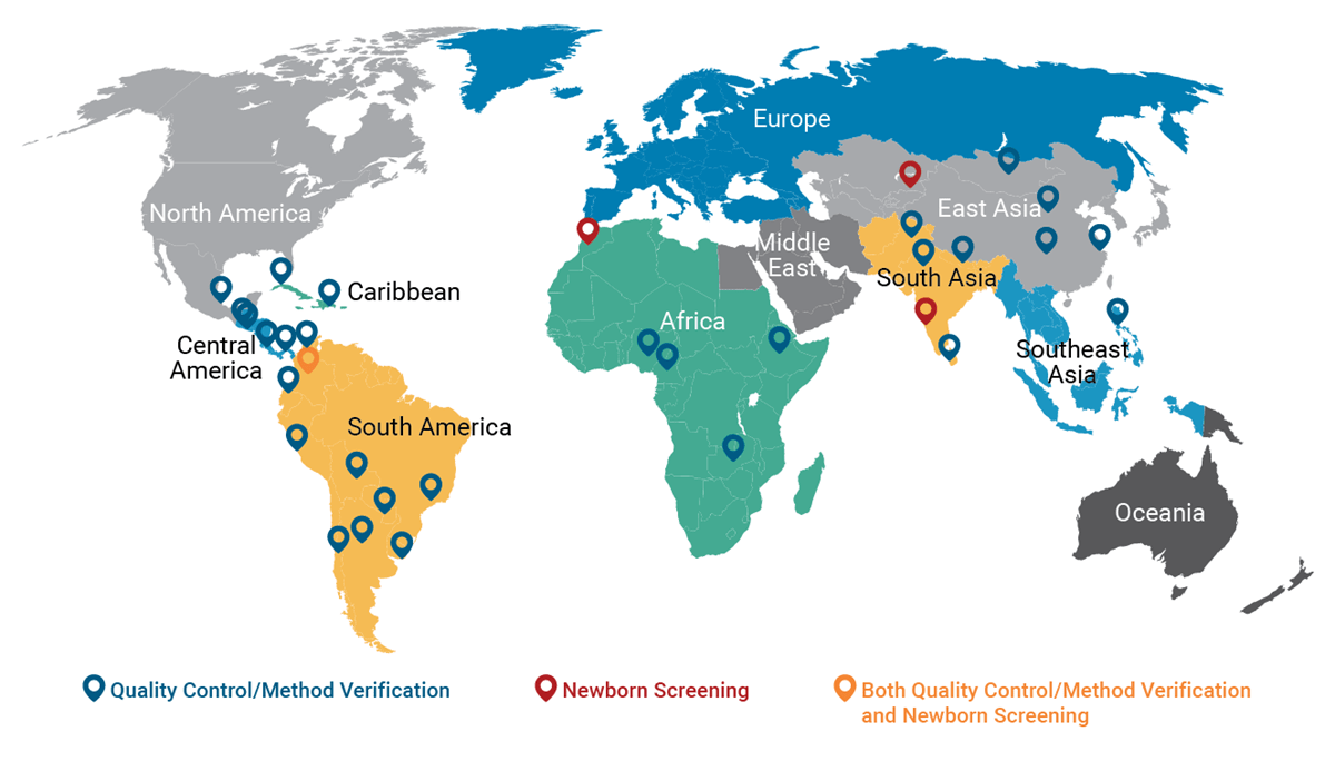 Map of the world with markers indicating where Global Lab Quality Initiative workshops have been conducted