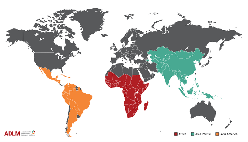 World map with various regions highlighted that show where societies/institutions have to be based in order to request Global Ambassadors. 