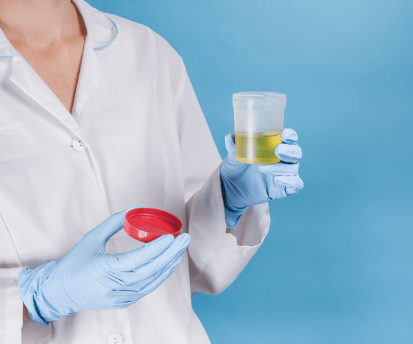A person in a white uniform and blue medical gloves holds an open container of urine for medical analysis.